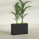 Potsdam Corner fiberglass planter in Matte Black, shown planted, in a sunlit interior