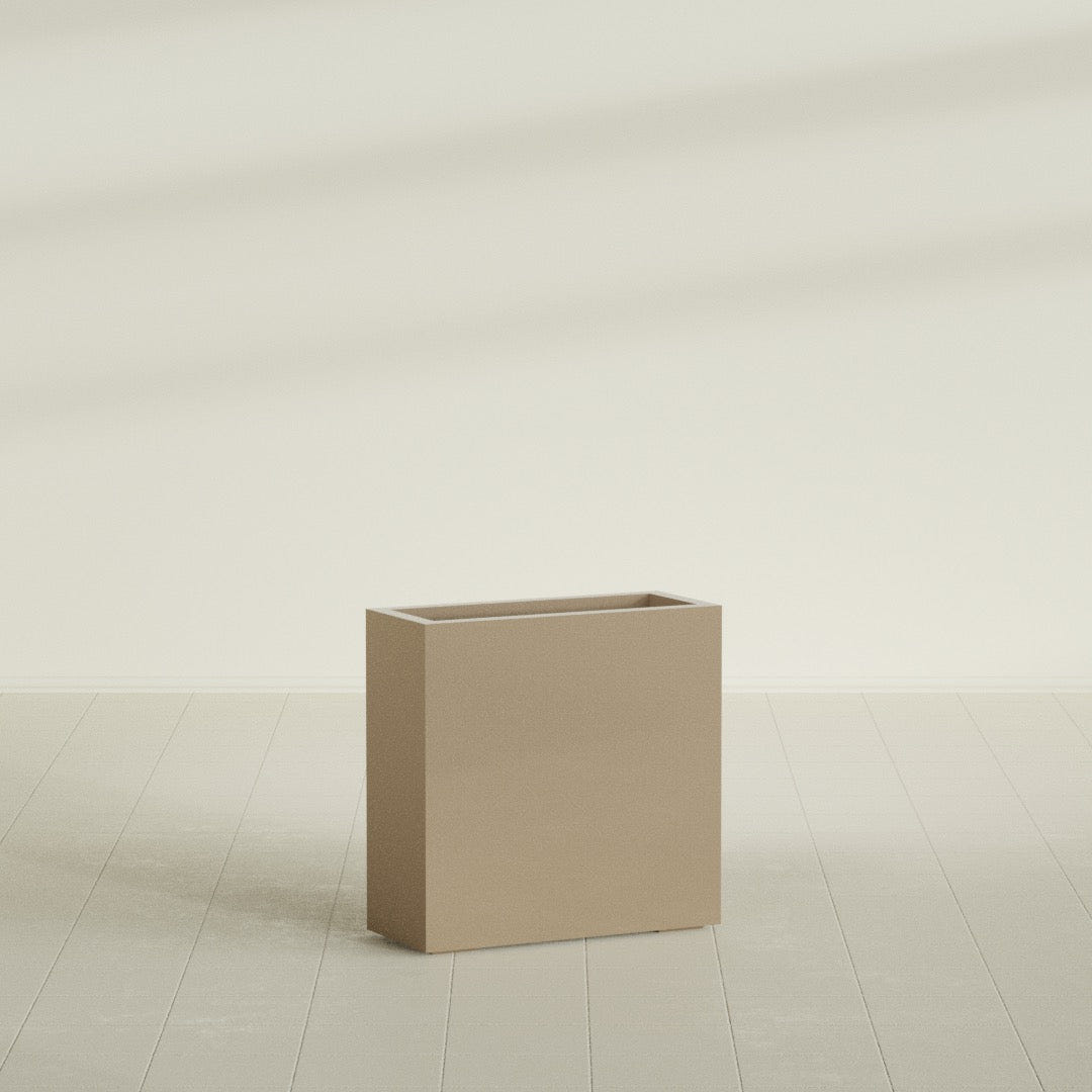 Milano Narrow Rectangular Planter in Gloss Metallic Gold, 24"L × 10"D × 24"H, shown empty