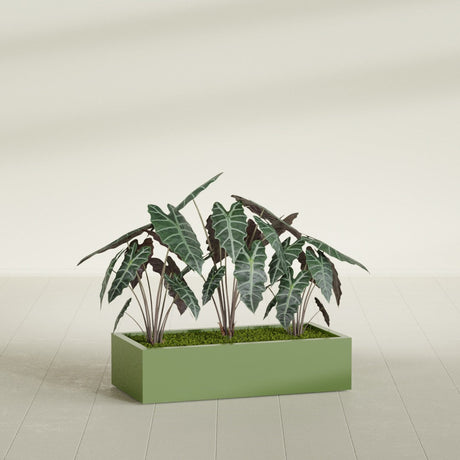 Antwerp Corner fiberglass planter in Satin Green, shown planted, in a sunlit interior