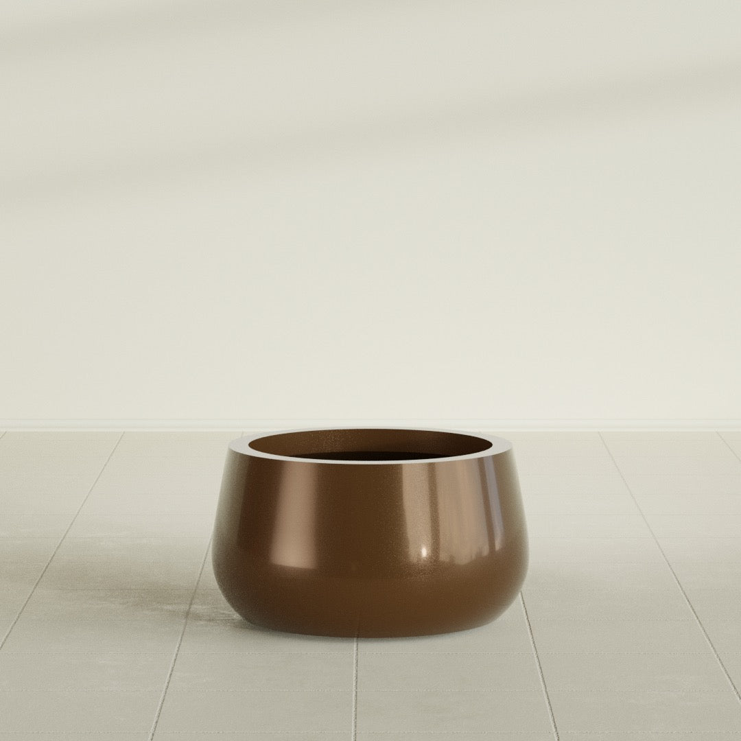 Short Hayden Bowl Planter in Metallic Bronze, 16"D × 8"H, shown empty