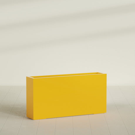 Milano Narrow Rectangular Planter in Gloss Saffron, 48"L × 10"D × 24"H, shown empty