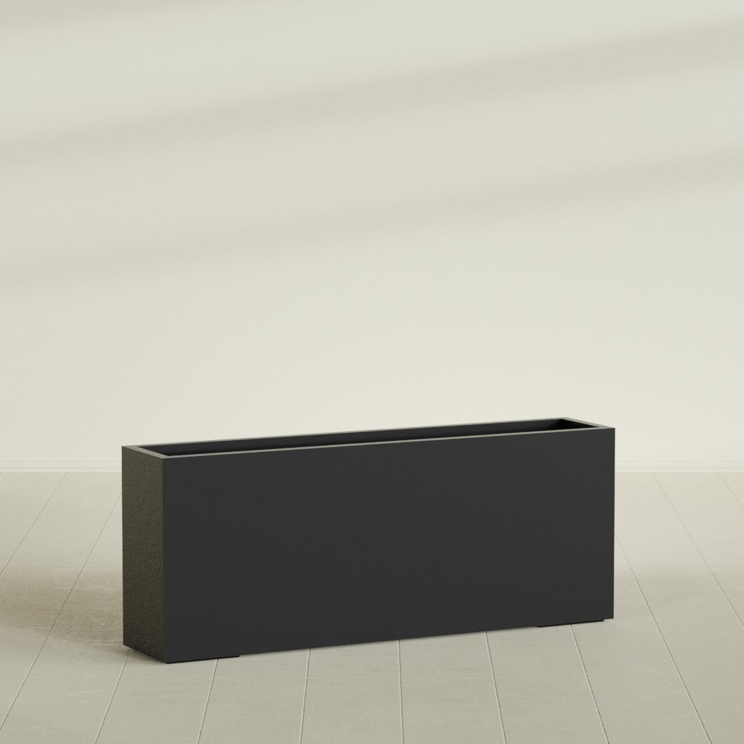 Hollywood Narrow Rectangular Planter in Matte Black, 60"L × 12"D × 24"H, shown empty
