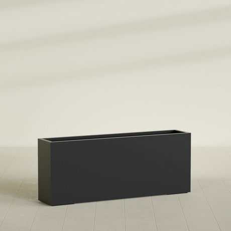 Hollywood Narrow Rectangular Planter in Matte Black, 60"L × 12"D × 24"H, shown empty