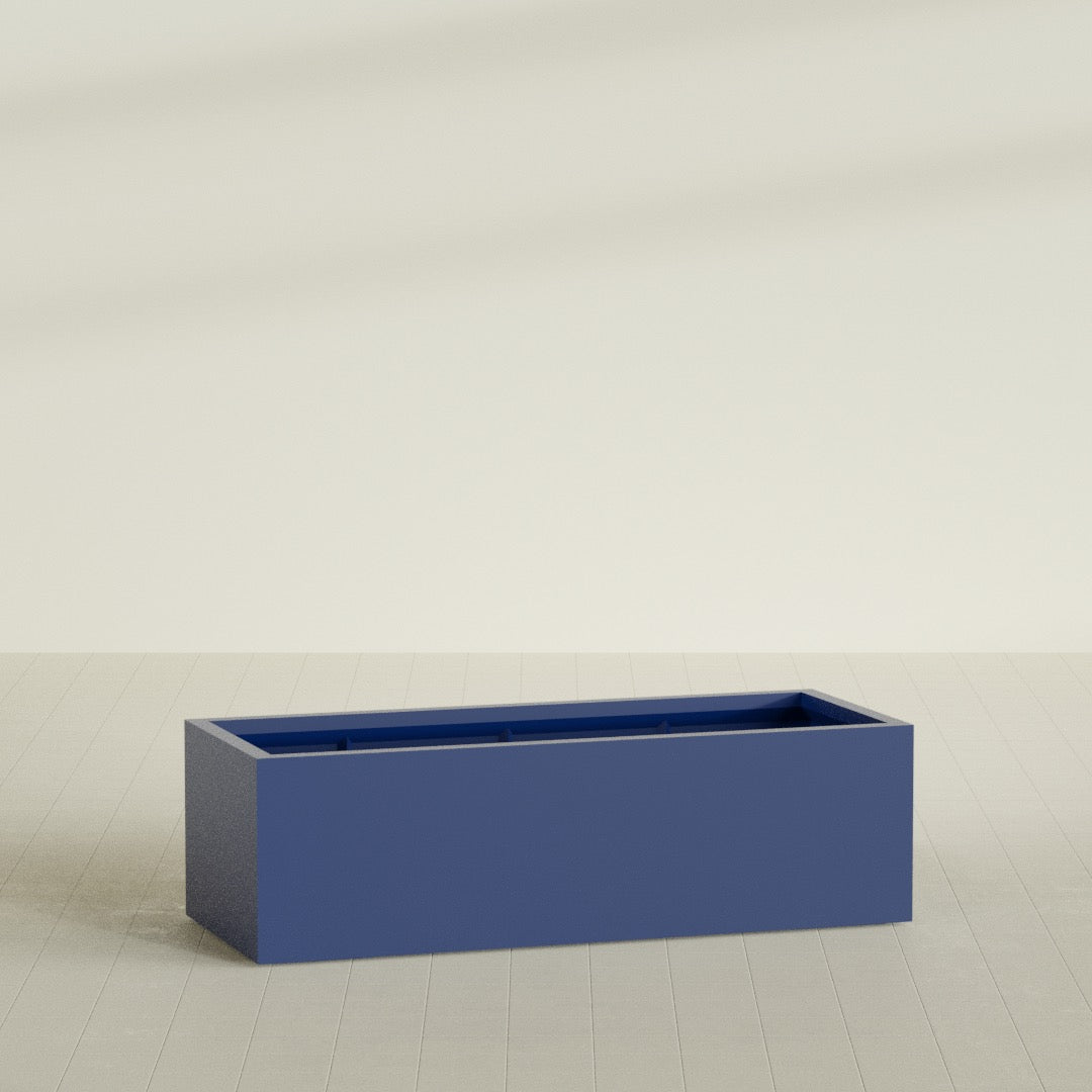 Torino Wide Rectangular Planter in Matte Cobalt Blue, 60"L × 24"D × 18"H, shown empty