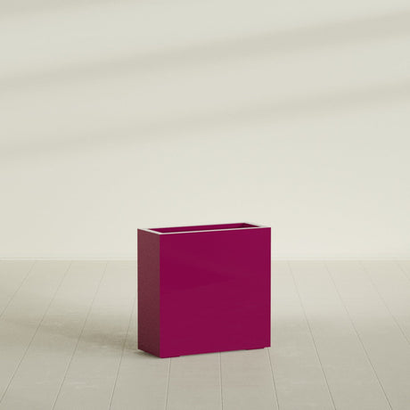 Milano Narrow Rectangular Planter in Gloss Eggplant, 24"L × 10"D × 24"H, shown empty