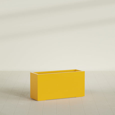 Miami Narrow Rectangular Planter in Gloss Saffron, 36"L × 12"D × 18"H, shown empty