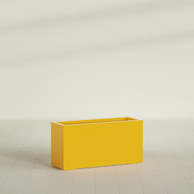 Miami Narrow Rectangular Planter in Gloss Saffron, 36"L × 12"D × 18"H, shown empty