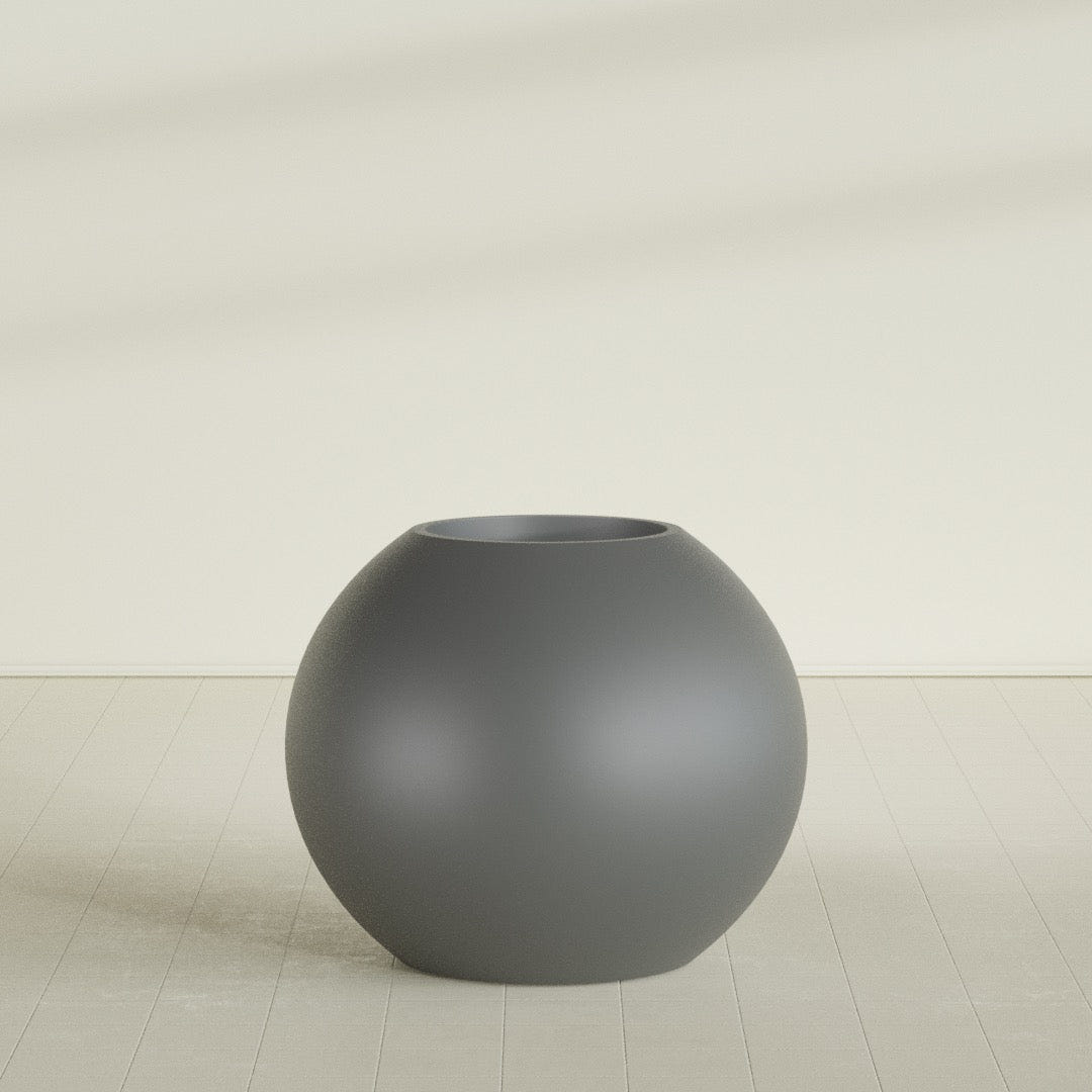 Globe Planter in Matte Gunmetal, 36"D × 30"H, shown empty