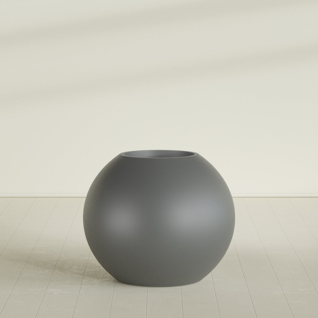 Globe Planter in Matte Gunmetal, 36"D × 30"H, shown empty