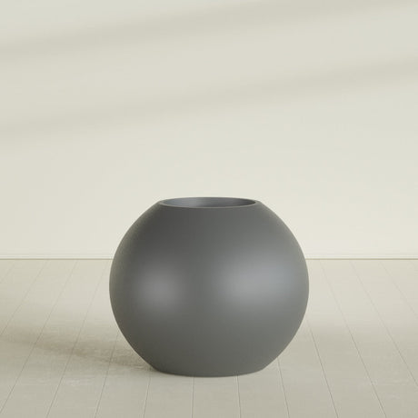 Globe Planter in Matte Gunmetal, 36"D × 30"H, shown empty
