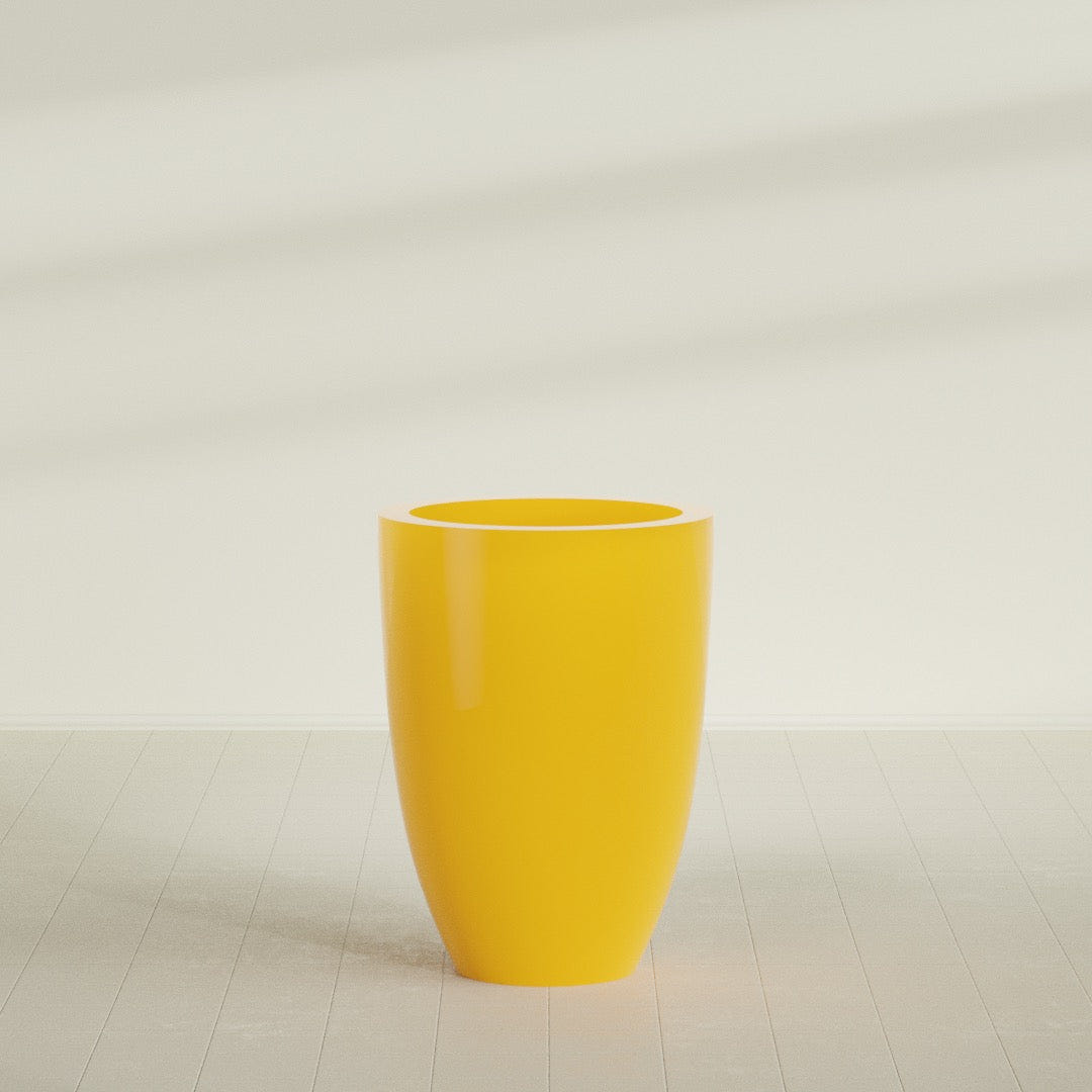 Brannan Tapered Round Planter in Gloss Saffron, 30"D × 41"H, shown empty