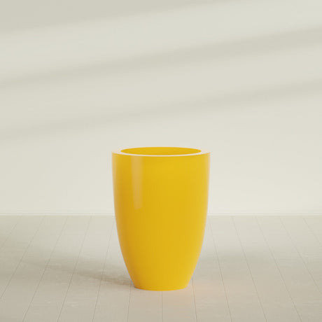 Brannan Tapered Round Planter in Gloss Saffron, 30"D × 41"H, shown empty