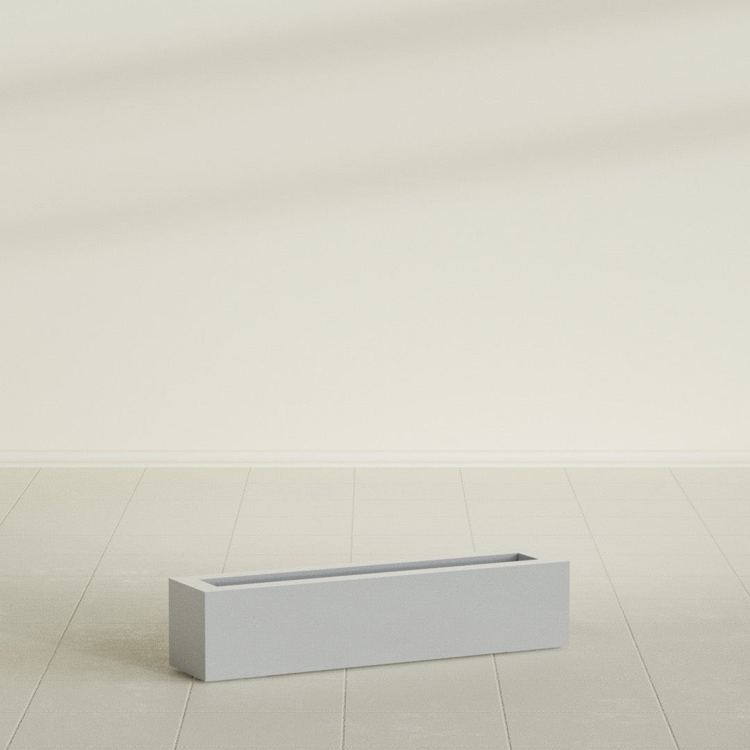 Salon Box Planter in Metallic Silver, 36" Long, shown empty