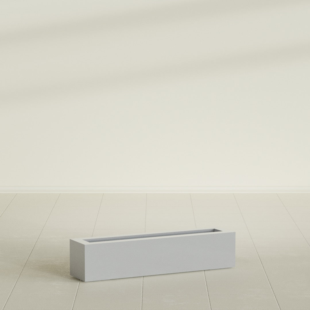 Salon Box Planter in Metallic Silver, 36" Long, shown empty