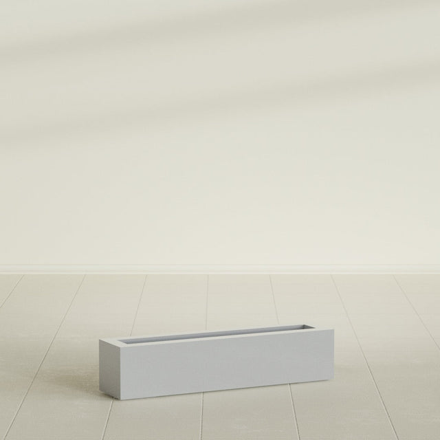 Salon Box Planter in Metallic Silver, 36" Long, shown empty