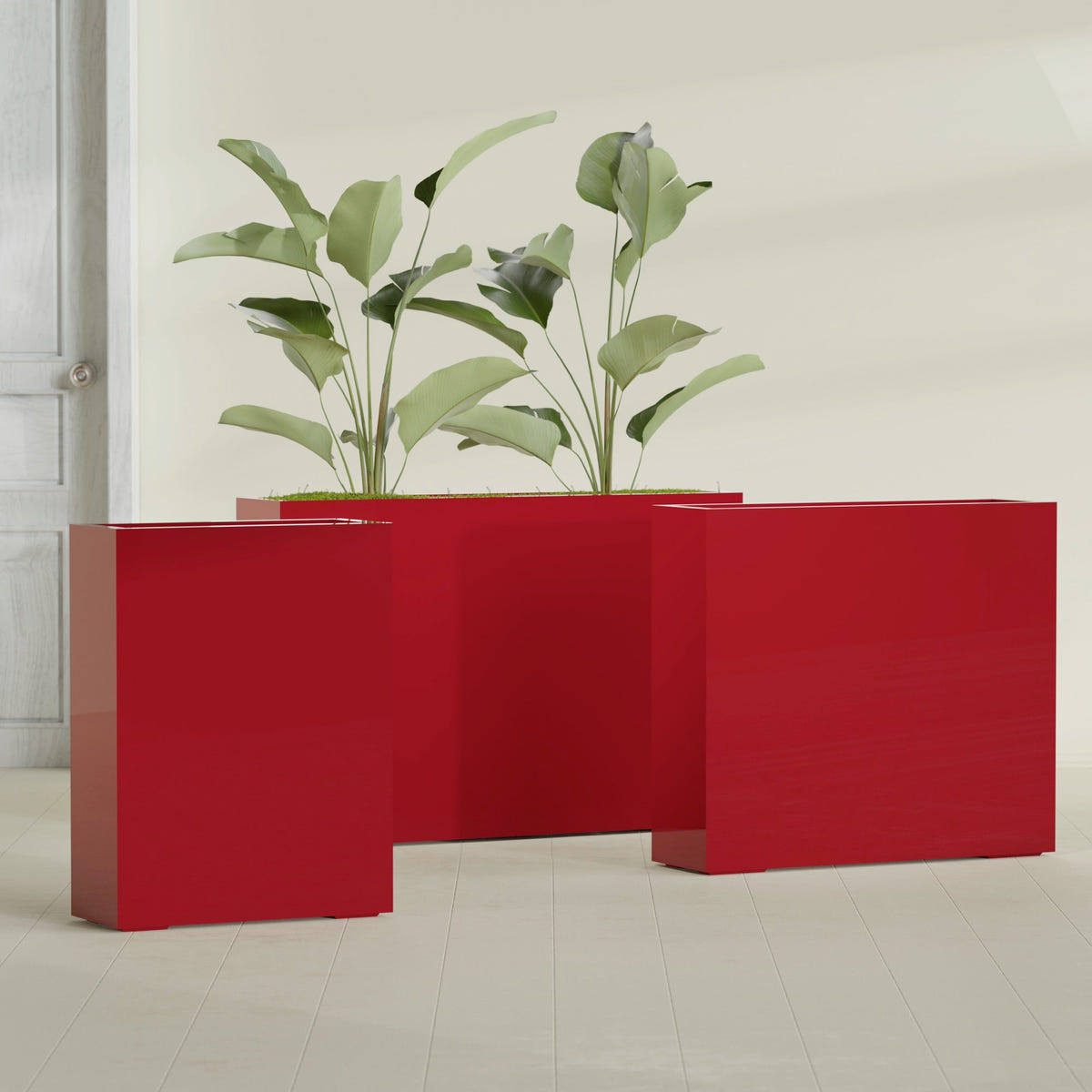 Amesbury Narrow Rectangular fiberglass planter in Gloss Red, size range, in a sunlit interior