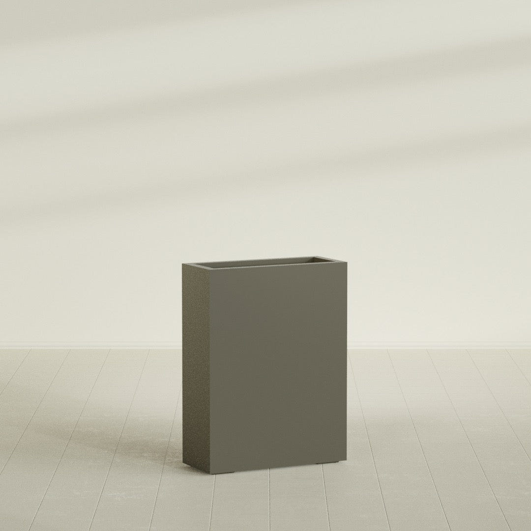 Amesbury Narrow Rectangular Planter in Matte Bronze, 24"L × 10"D × 32"H, shown empty