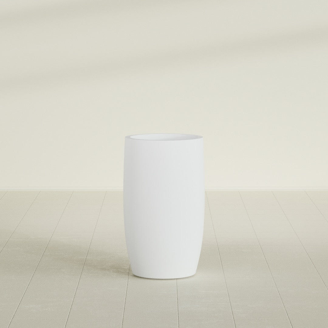 Lisbon tall round tapered fiberglass planter in Gloss Bright White, 18 in diameter, 32 in high, shown empty