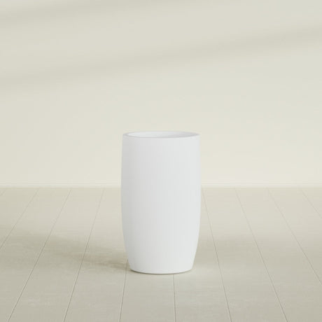 Lisbon tall round tapered fiberglass planter in Gloss Bright White, 18 in diameter, 32 in high, shown empty