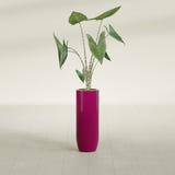 Saint Tropez Bullet Round fiberglass planter in Gloss Eggplant, shown planted, in a sunlit interior