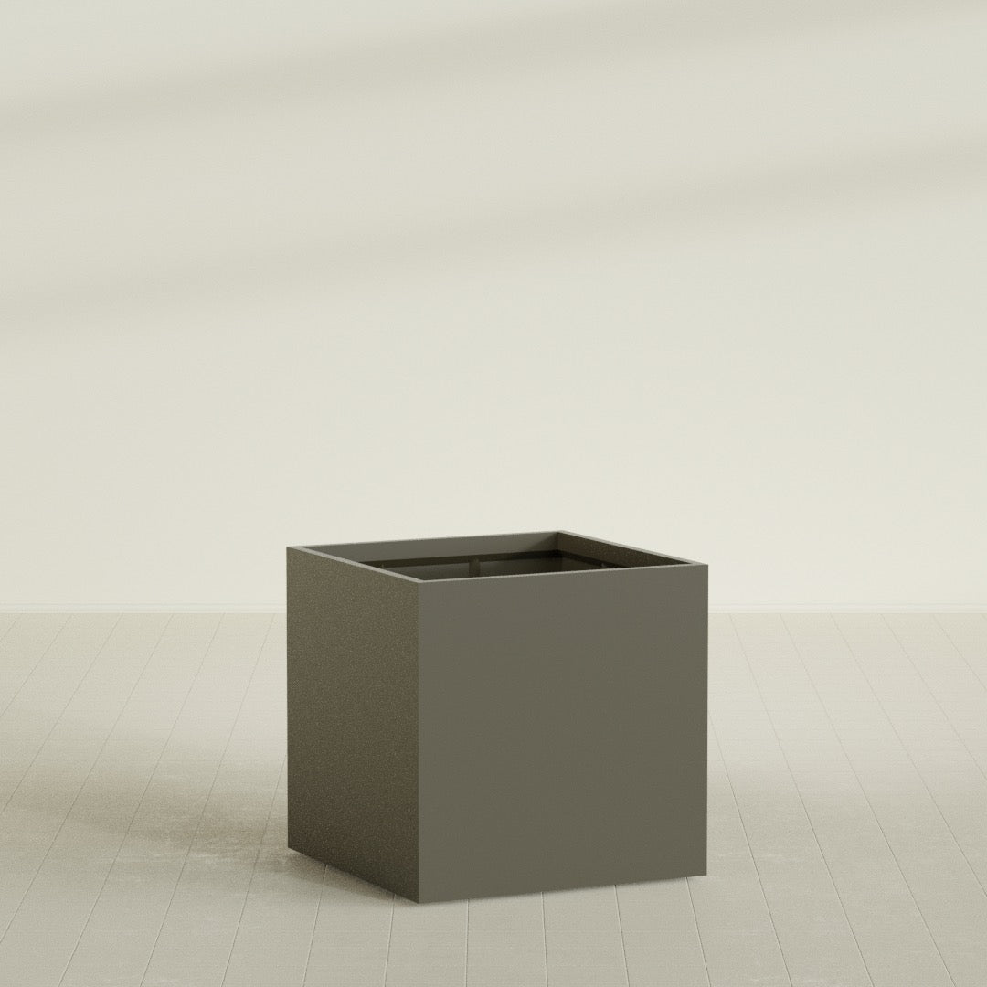 Montroy Cube Planter in Matte Bronze, 40", shown empty