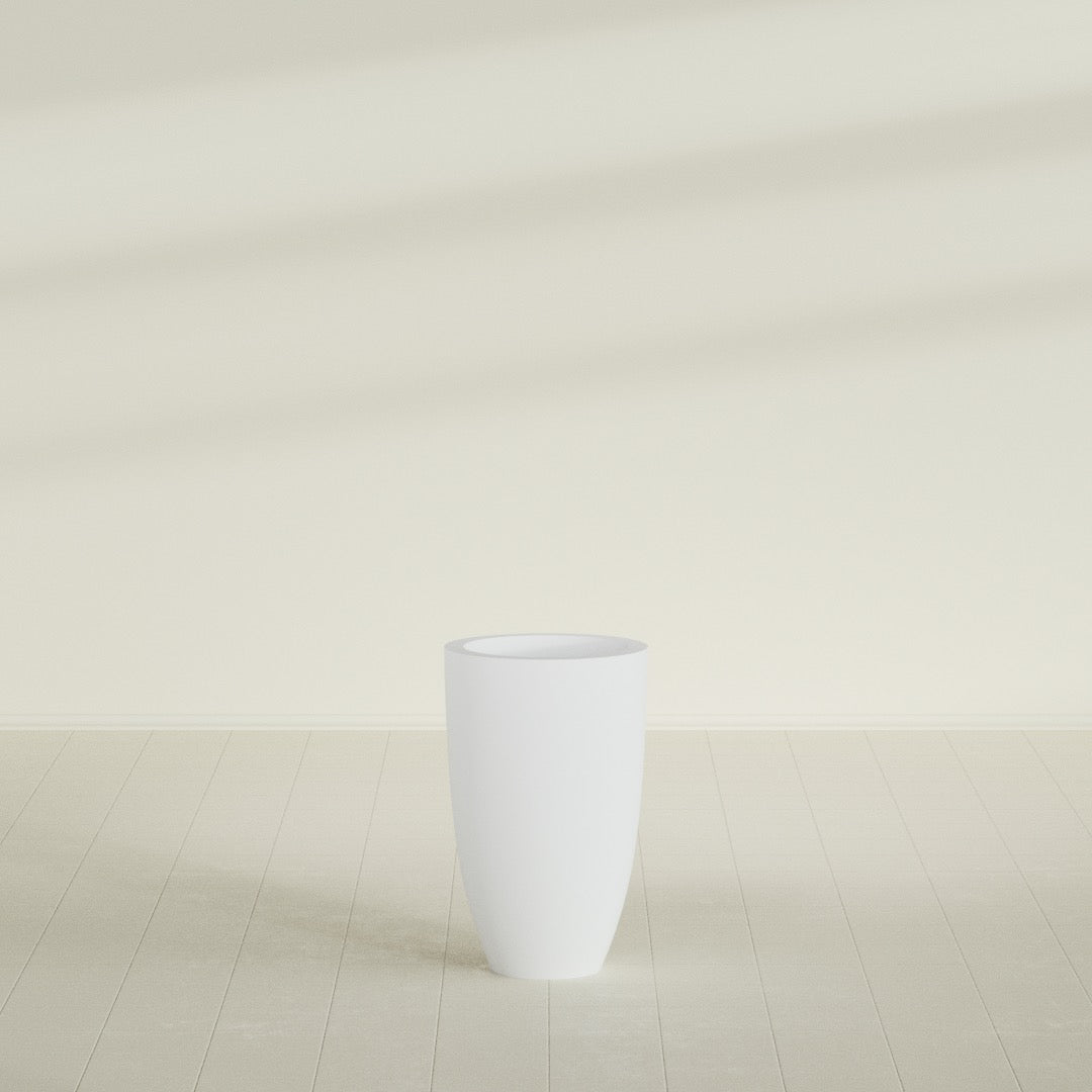 Brannan Tapered Round Planter in Gloss Bright White, 18"D × 29"H, shown empty