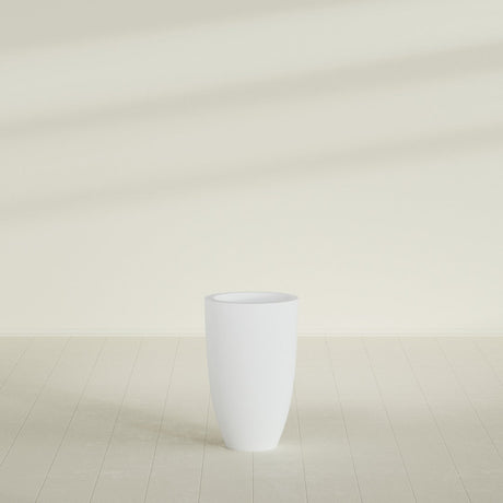 Brannan Tapered Round Planter in Gloss Bright White, 18"D × 29"H, shown empty