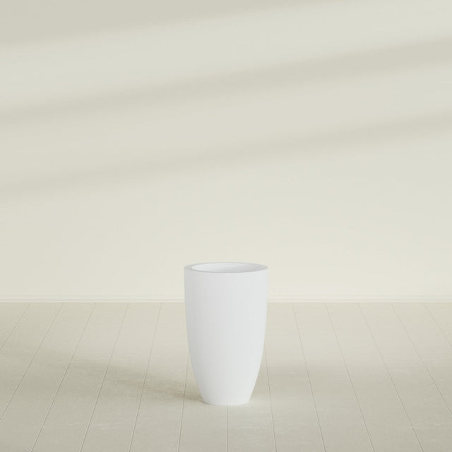 Brannan Tapered Round Planter in Gloss Bright White, 18"D × 29"H, shown empty