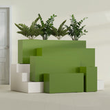 Hollywood Narrow Rectangular fiberglass planter in Satin Green, size range, in a sunlit interior