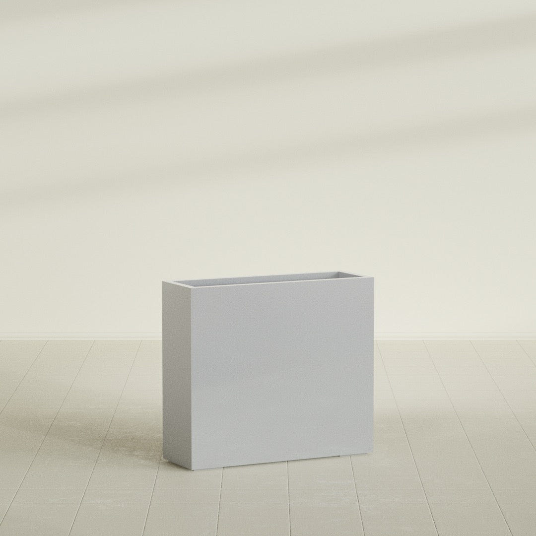 Delray Rectangular Planter in Metallic Silver, 36"L × 12"D × 32"H, shown empty