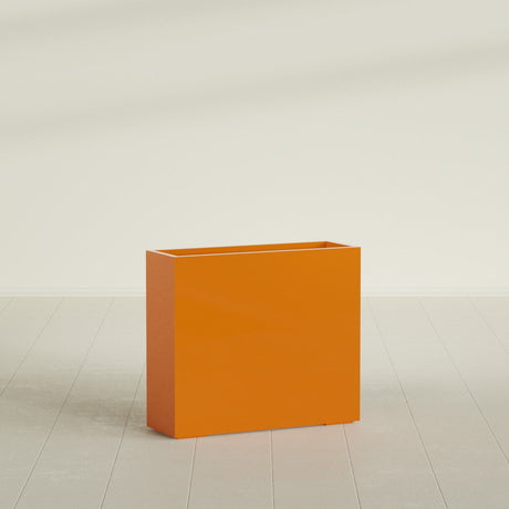 Perth Rectangular Planter in Gloss Tangerine, 48"L × 16"D × 42"H, shown empty