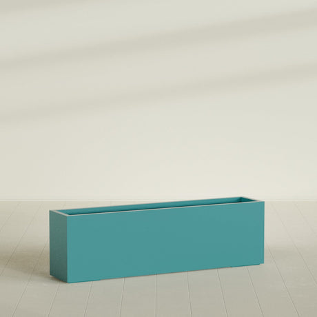 Miami Narrow Rectangular Planter in Satin Seafoam Green, 60"L × 12"D × 18"H, shown empty