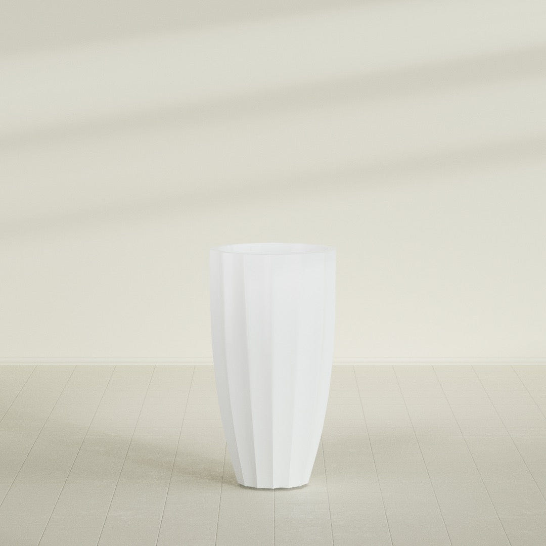 San Jose Tall Fluted Planter in Matte Bright White, 22"D × 40"H, shown empty