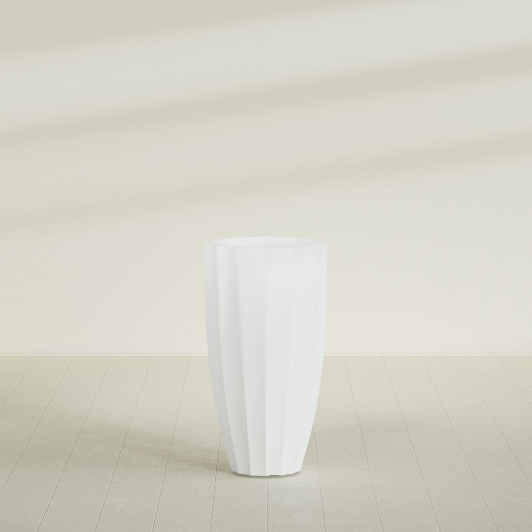 San Jose Tall Fluted Planter in Matte Bright White, 22"D × 40"H, shown empty