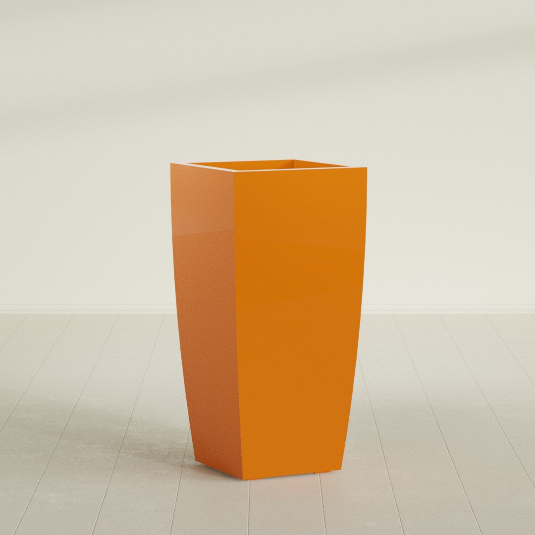 Toulan Tapered Square Planter in Gloss Tangerine, 20"W × 42"H, shown empty