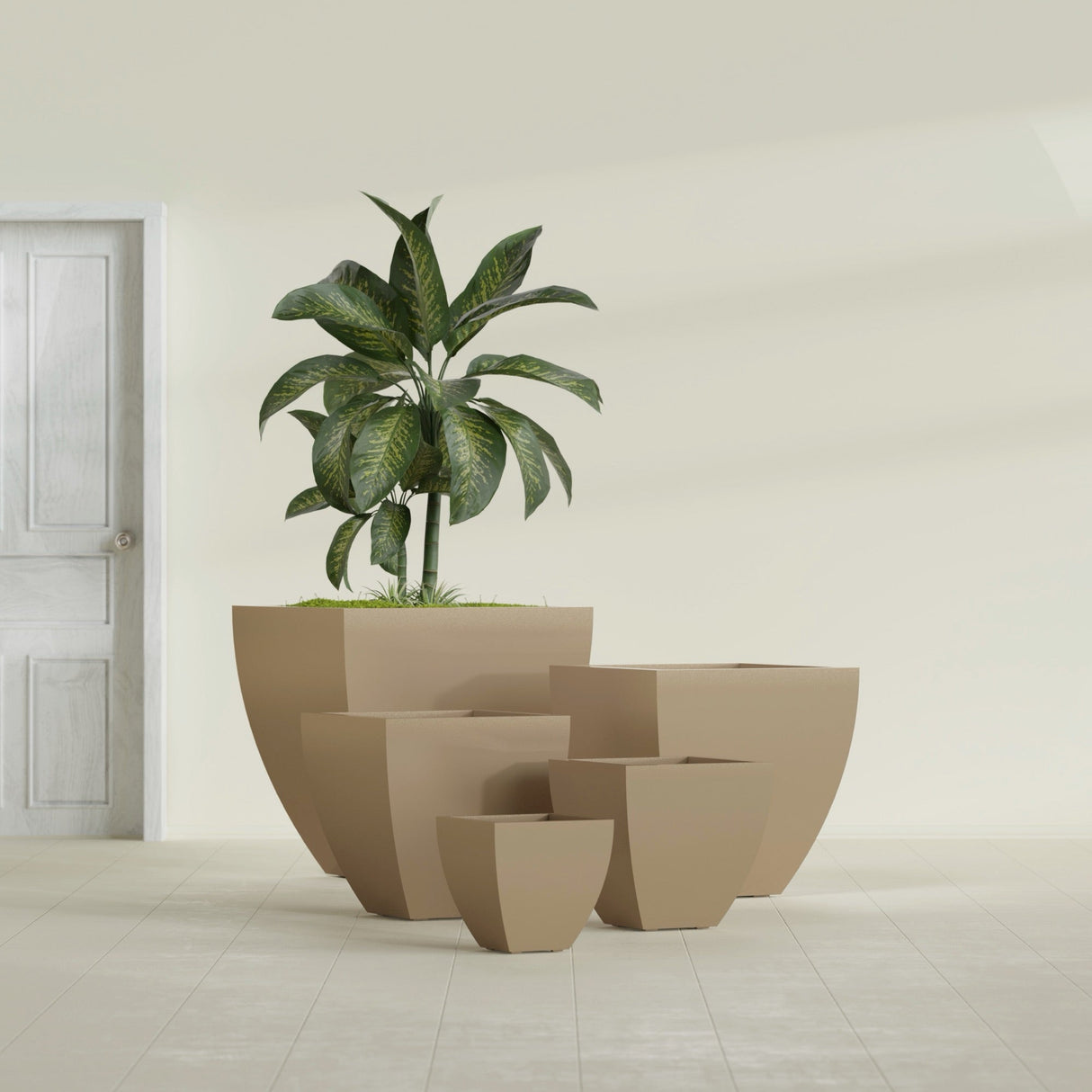 Lima Tapered Square fiberglass planter in Gloss Metallic Gold, size range, in a sunlit interior