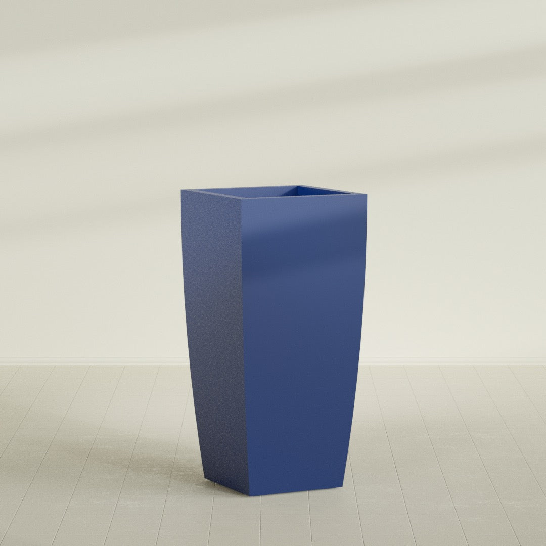 Toulan Tapered Square Planter in Matte Cobalt Blue, 28"W × 60"H, shown empty