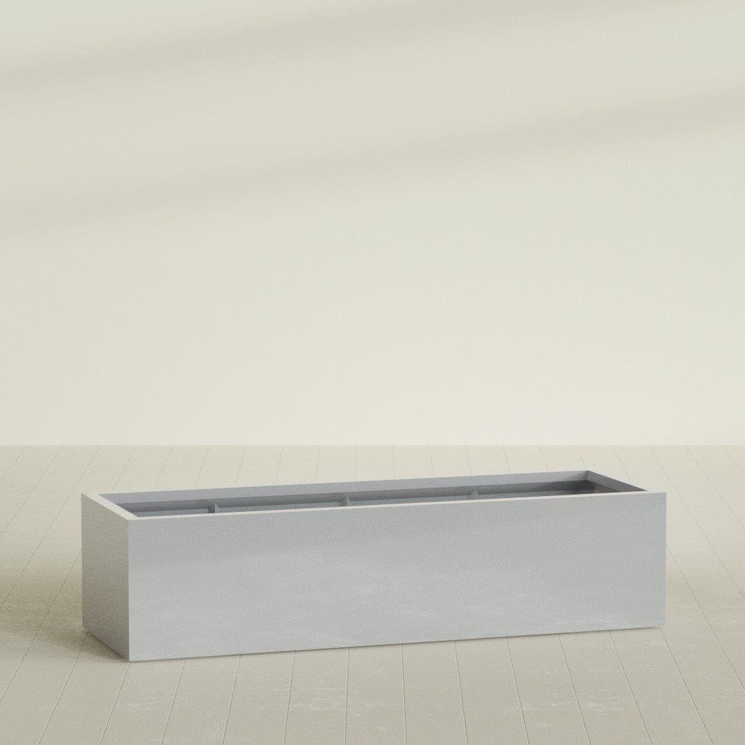 Torino Wide Rectangular Planter in Metallic Silver, 72"L × 24"D × 18"H, shown empty