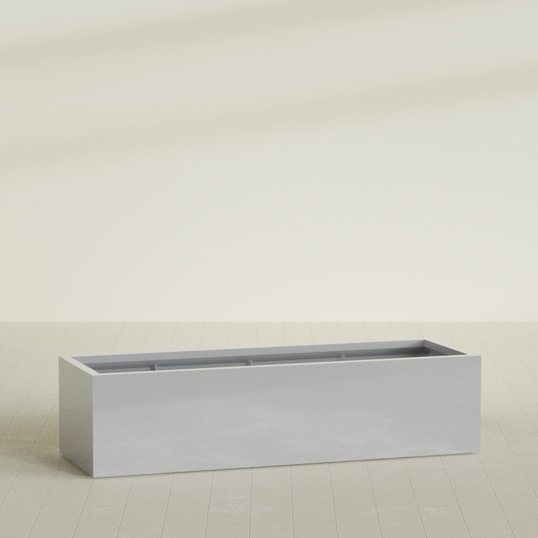 Torino Wide Rectangular Planter in Metallic Silver, 72"L × 24"D × 18"H, shown empty