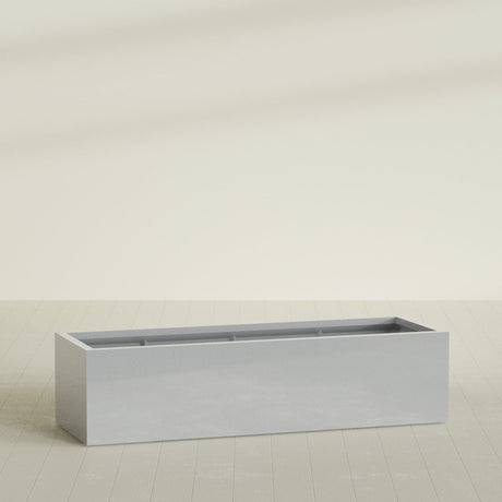Torino Wide Rectangular Planter in Metallic Silver, 72"L × 24"D × 18"H, shown empty