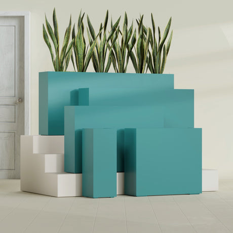 Delray Rectangular fiberglass planter in Satin Seafoam Green, size range, in a sunlit interior