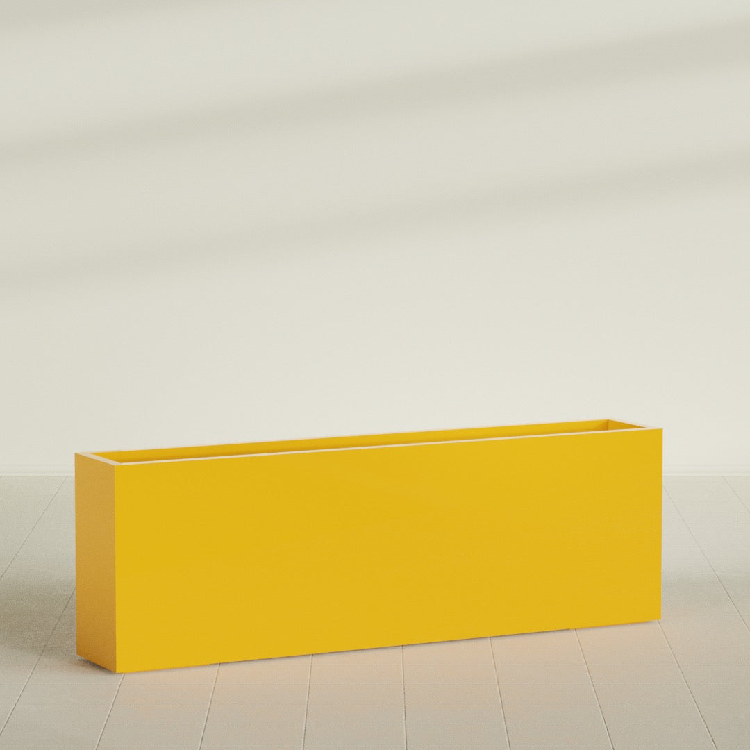 Hollywood Narrow Rectangular Planter in Gloss Saffron, 72"L × 12"D × 24"H, shown empty