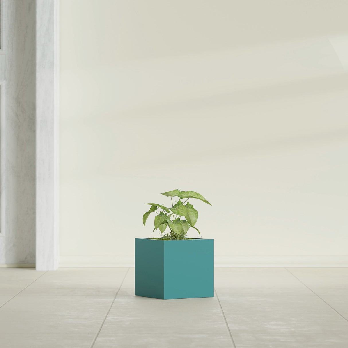 Monaco Cube fiberglass planter in Satin Seafoam Green, shown planted, in a sunlit interior