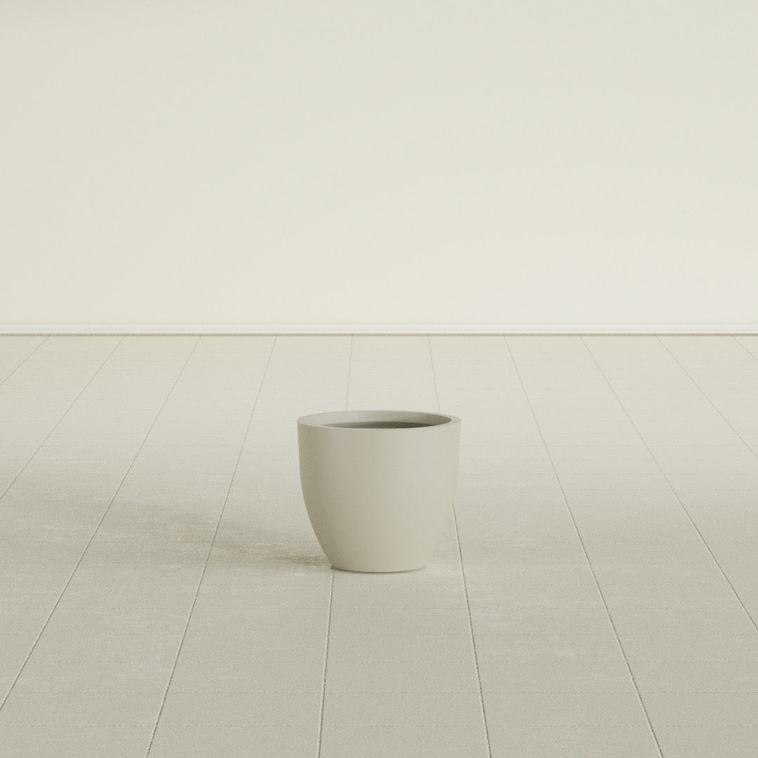 Wannsee Round Planter in Satin Beige, 15"D × 13"H, shown empty