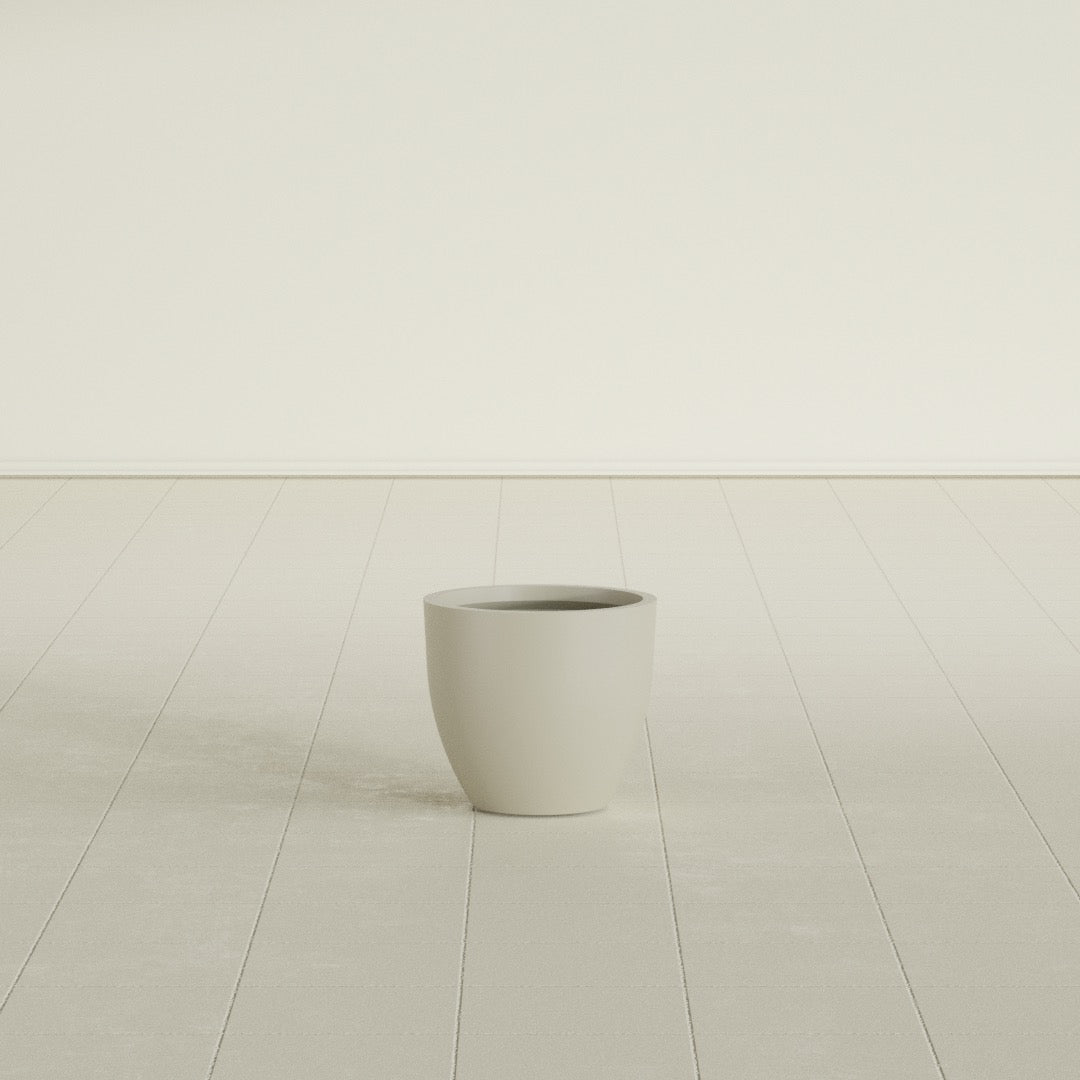 Wannsee Round Planter in Satin Beige, 15"D × 13"H, shown empty