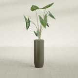 Saint Tropez Bullet Round fiberglass planter in Matte Bronze, shown planted, in a sunlit interior