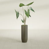 Saint Tropez Bullet Round fiberglass planter in Matte Bronze, shown planted, in a sunlit interior