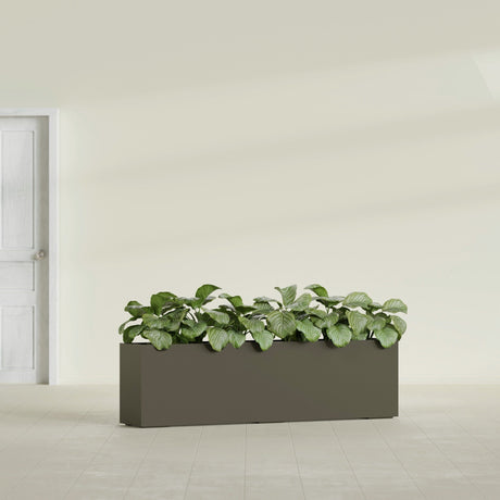Hudson Extra Long fiberglass planter in Matte Bronze, shown planted, in a sunlit interior
