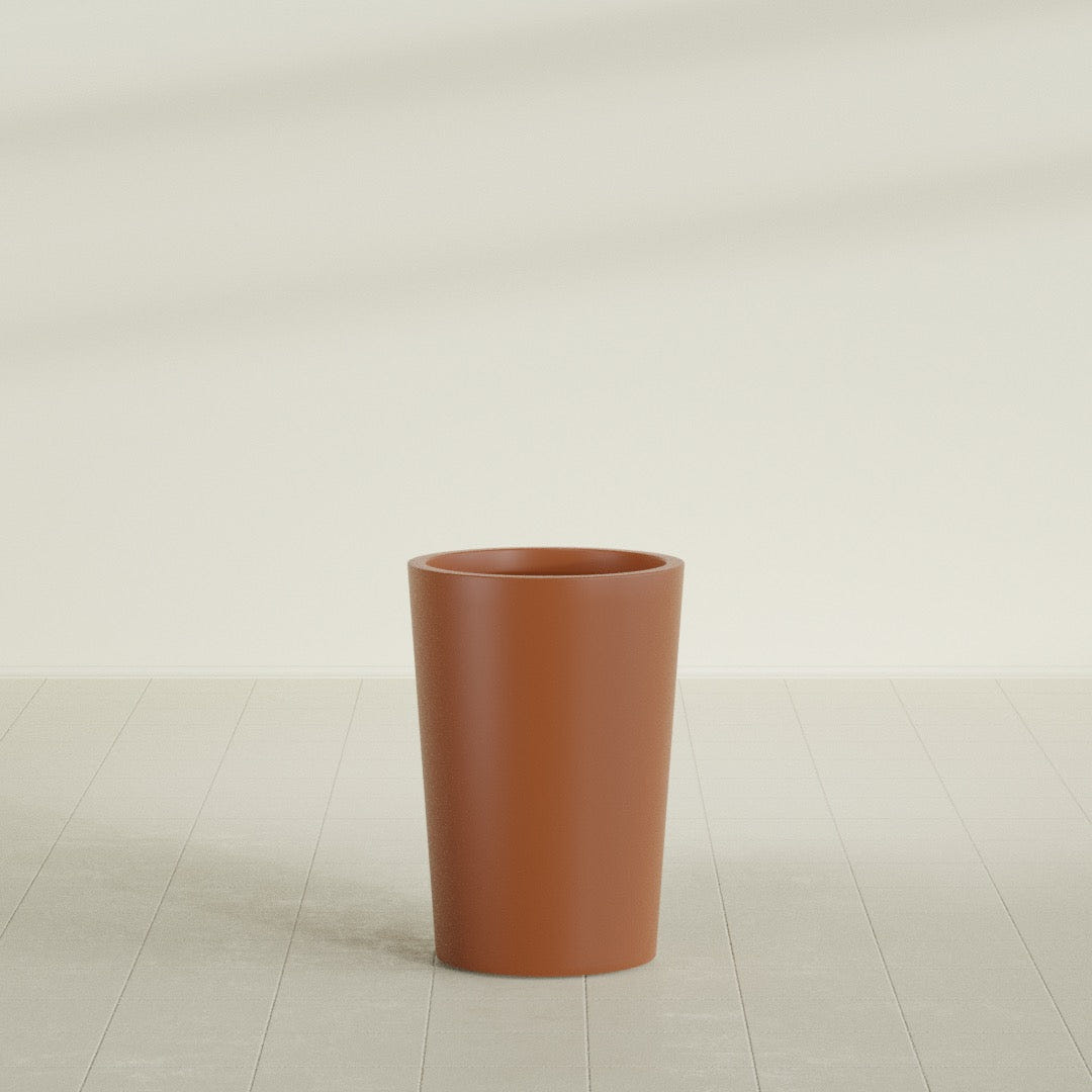 Tegel Round Tapered Planter in Matte Terra Cotta, 18"D × 26"H, shown empty