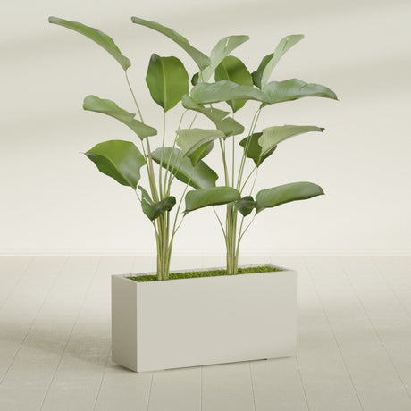 Tolga Corner fiberglass planter in Satin Beige, shown planted, in a sunlit interior